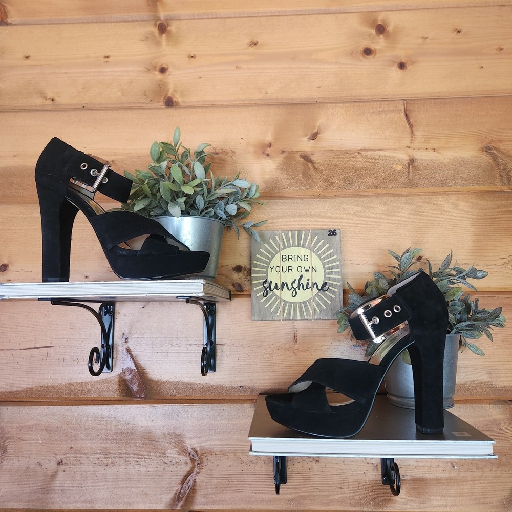 M. Michael Kors Platform Black Suede Leather Sandals Block Heel Criss Cross 7.5M
